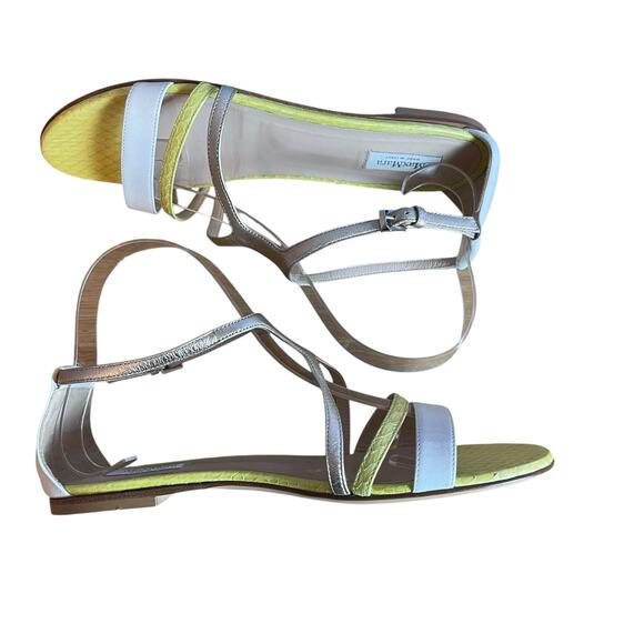Max Mara Flat Sandals Shoes Metallic Gold White Yellow Buckle Leather Size 37/7 - Picture 4 of 7